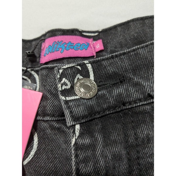 EDIKTED MOODY EMOJI AOP Women Size XL Wide-Leg Black Washed Denim Jeans NEW - Picture 12 of 15